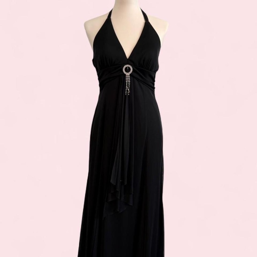 Y2K B Smart Black Halter Maxi Gown with Rhinestone Brooch Detail — Size 10